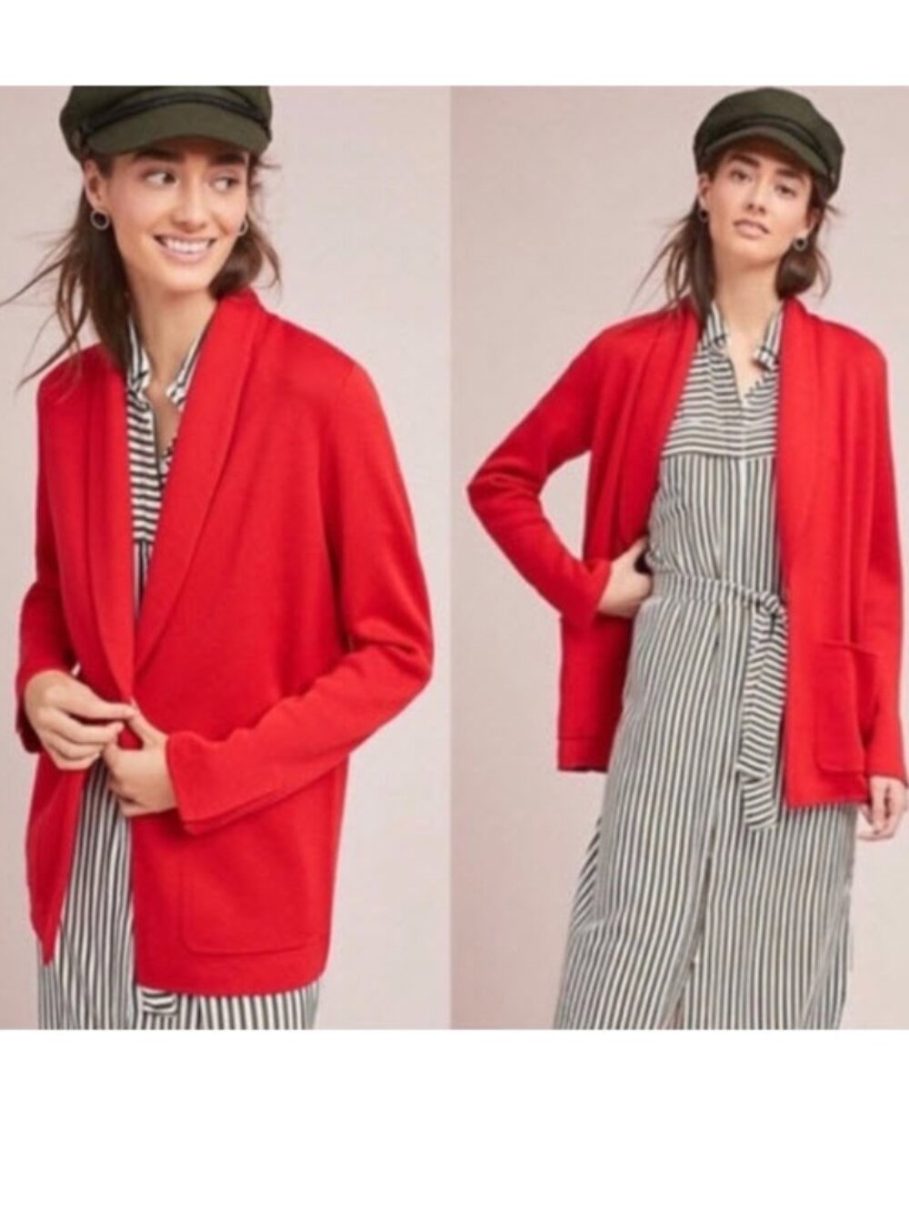 Anthropologie HWR Red Wool Cardigan Open Front  Pockets Size Small